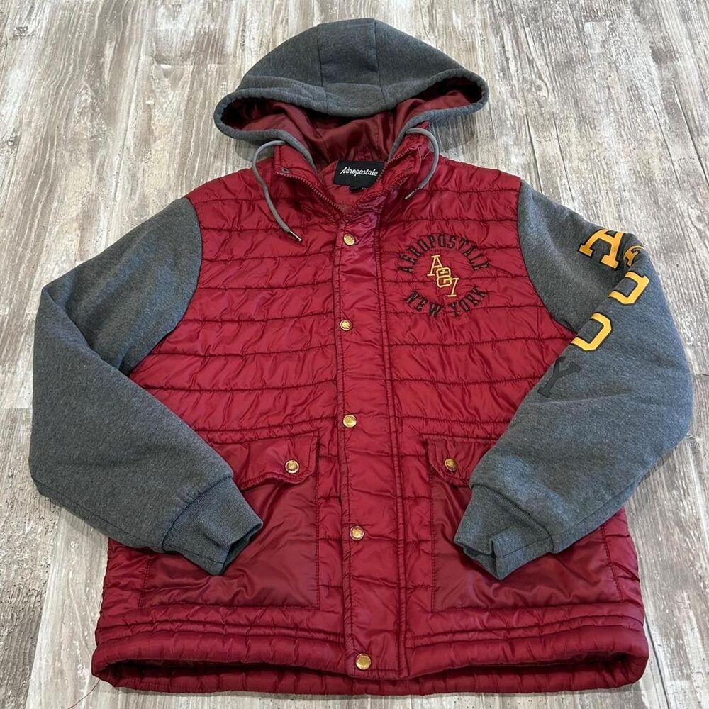 Aeropostale Men's Y2K collegiate varsity quilted puffer jacket + gray fleece sle